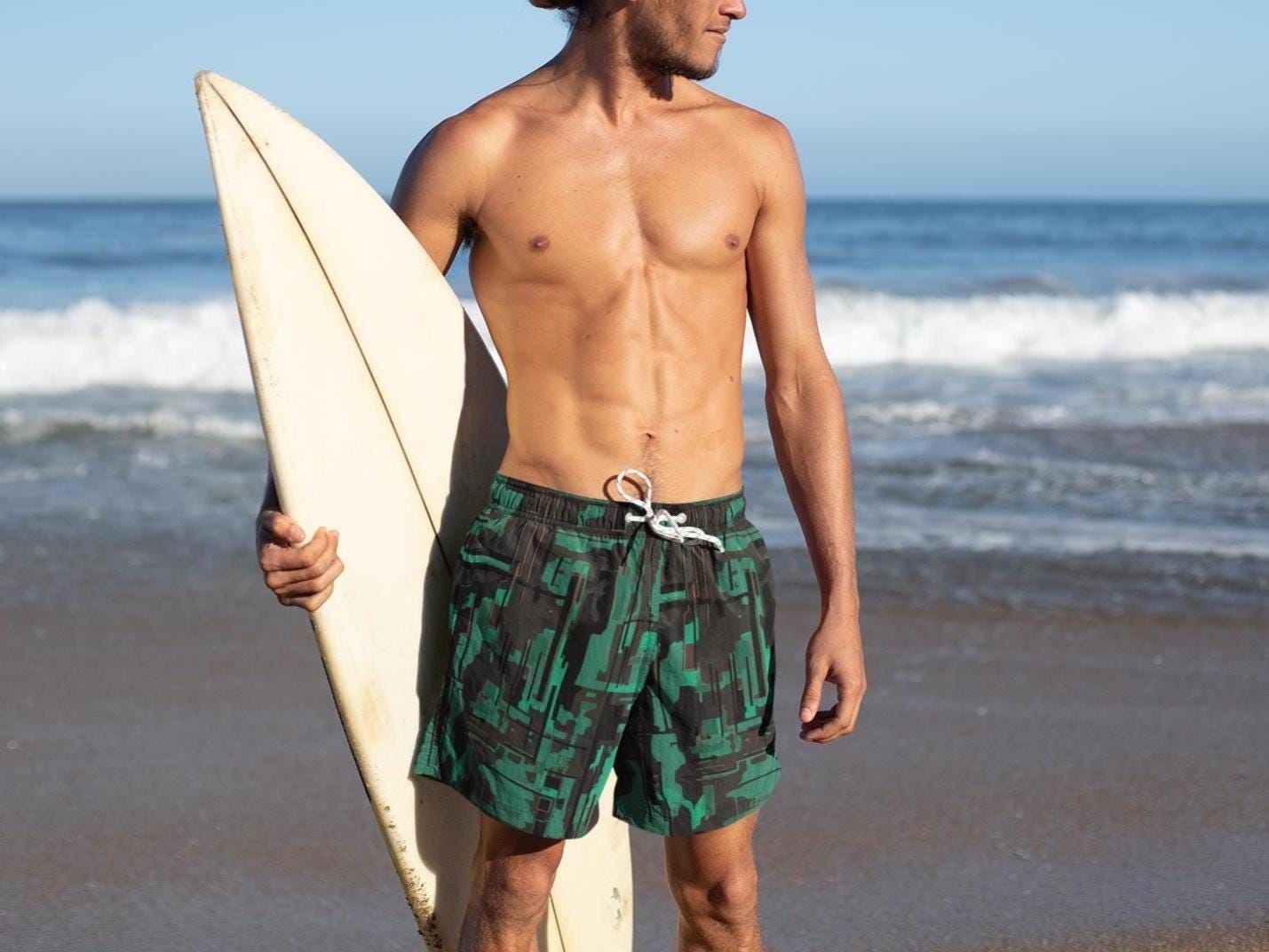 Men’s Long Athletic Workout Shorts Green Black Digital