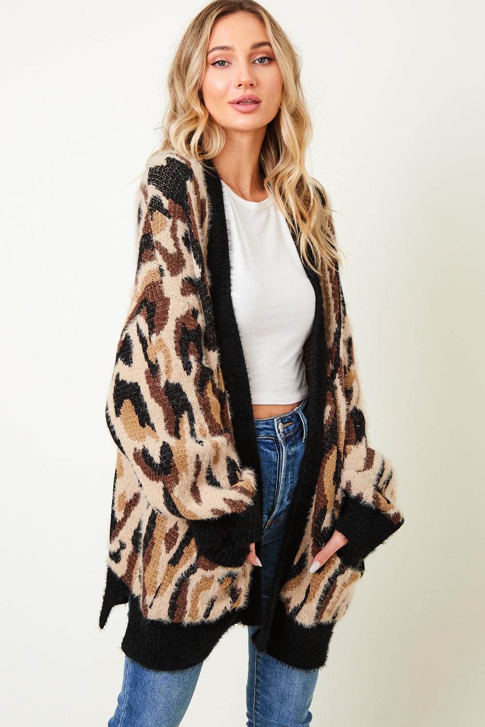 Leopard Print Cardigan: Fuzzy Long Sleeve Animal Sweater