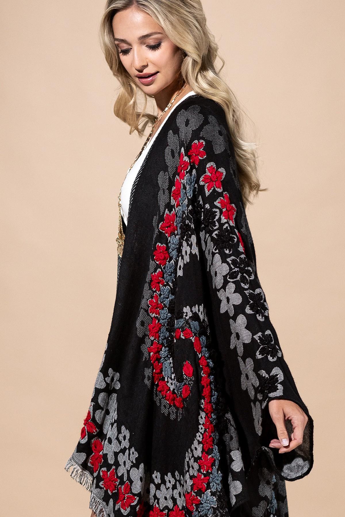 Black Floral Ruana Made In India: Women's Embroidered