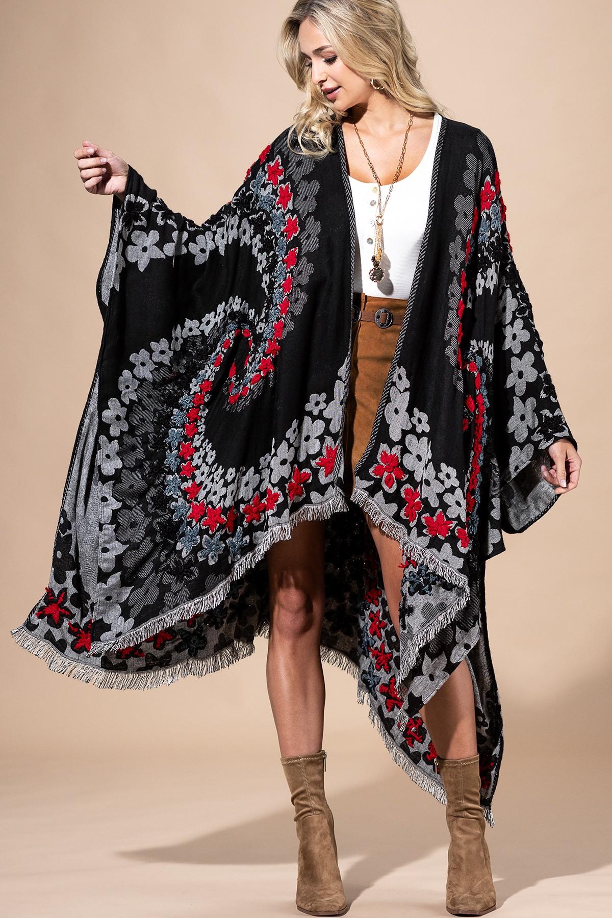 Black Floral Ruana Made In India: Women's Embroidered